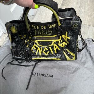 Balenciaga Black and Yellow Satchel with Graffiti Design